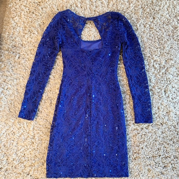 Le Chateau Cobalt Blue Sequin Lace Long Sleeve Cocktail Dress Size XS NWT - Picture 7 of 10